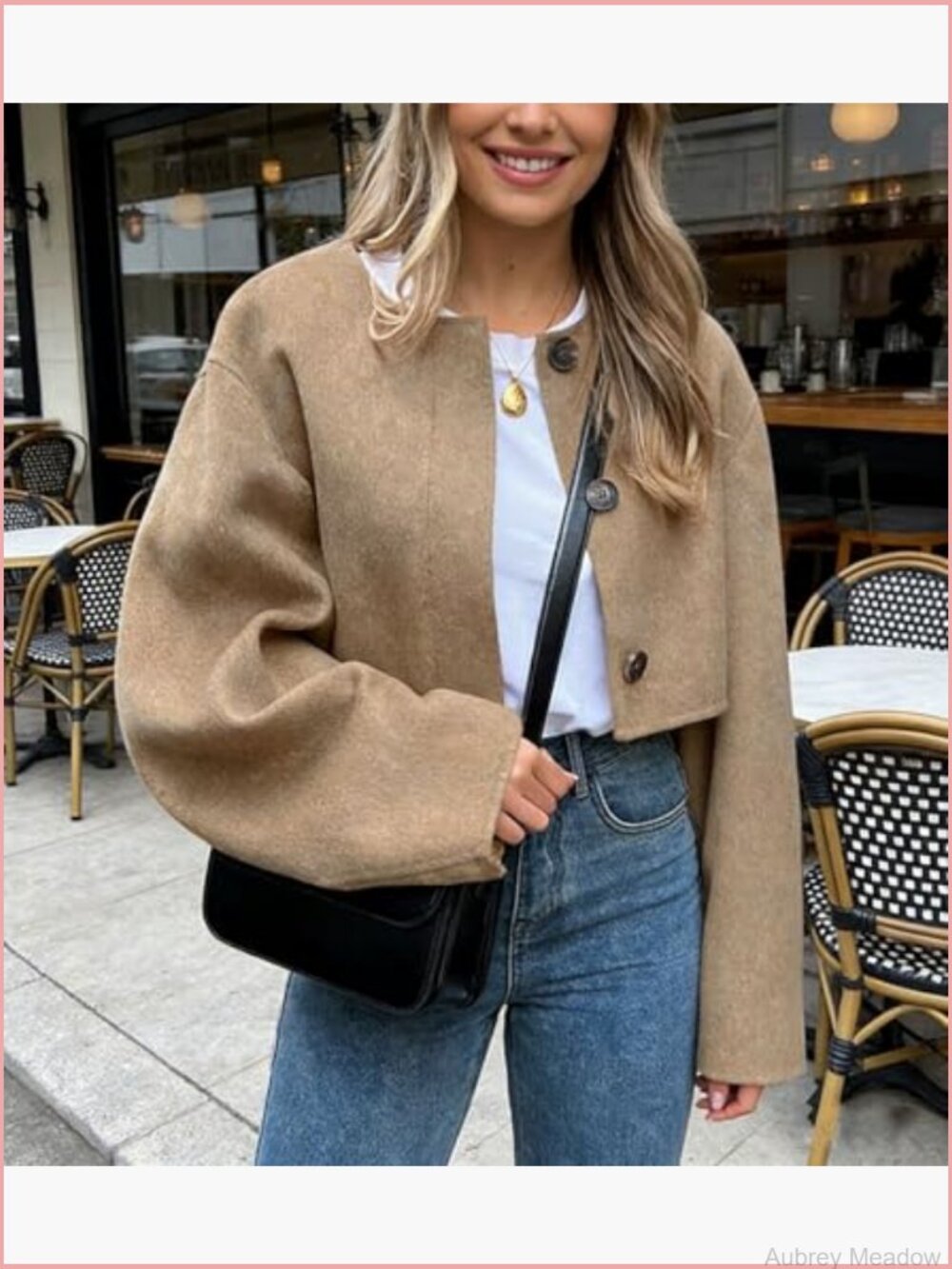 Cropped Wool Blend Pea Coat Short Jacket Long Sleeve Button Down - Picture 2 of 7